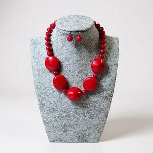 Red Lucite Bead Necklace earring Set